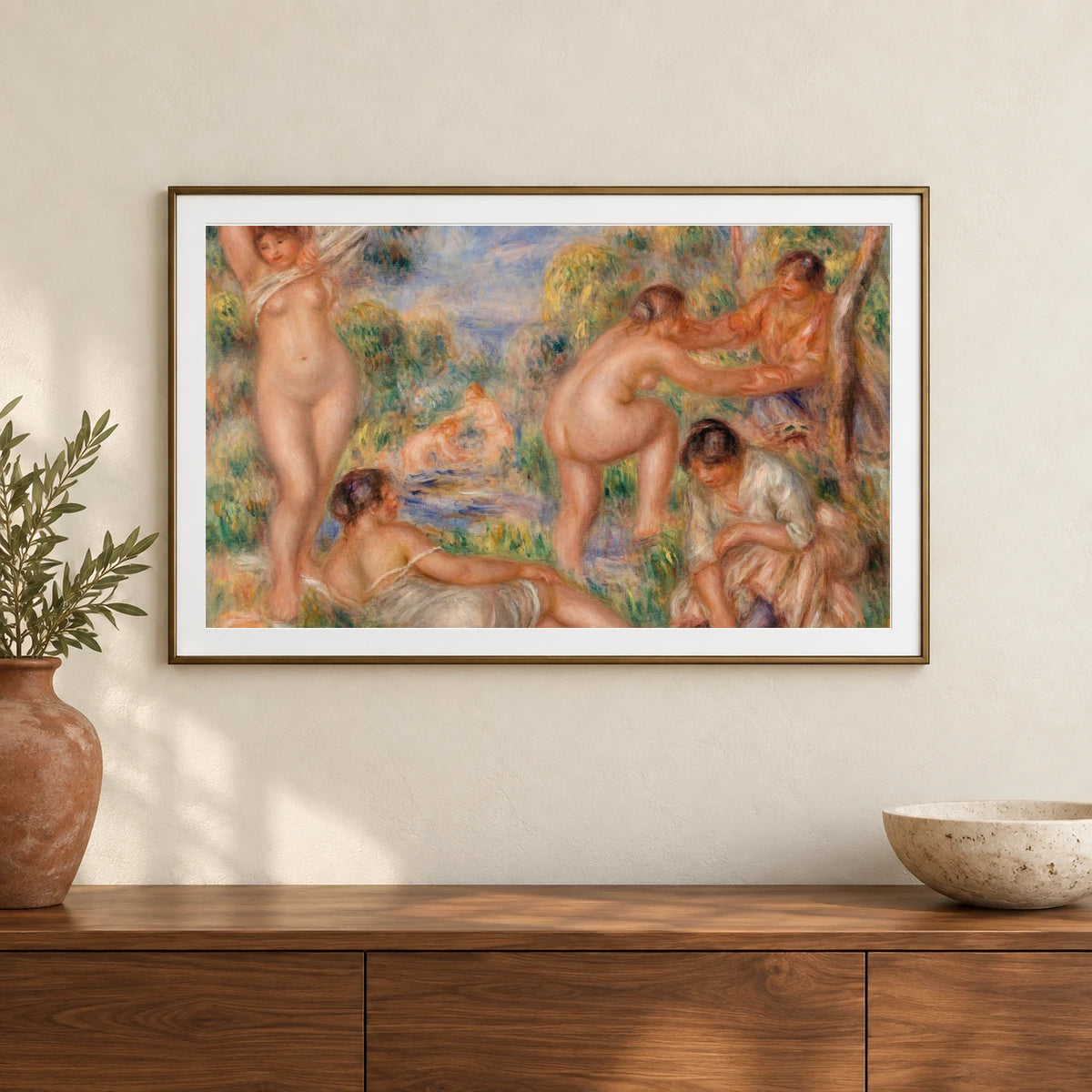 Bathing Group (1916) — Pierre-Auguste Renoir shown in a styled interior