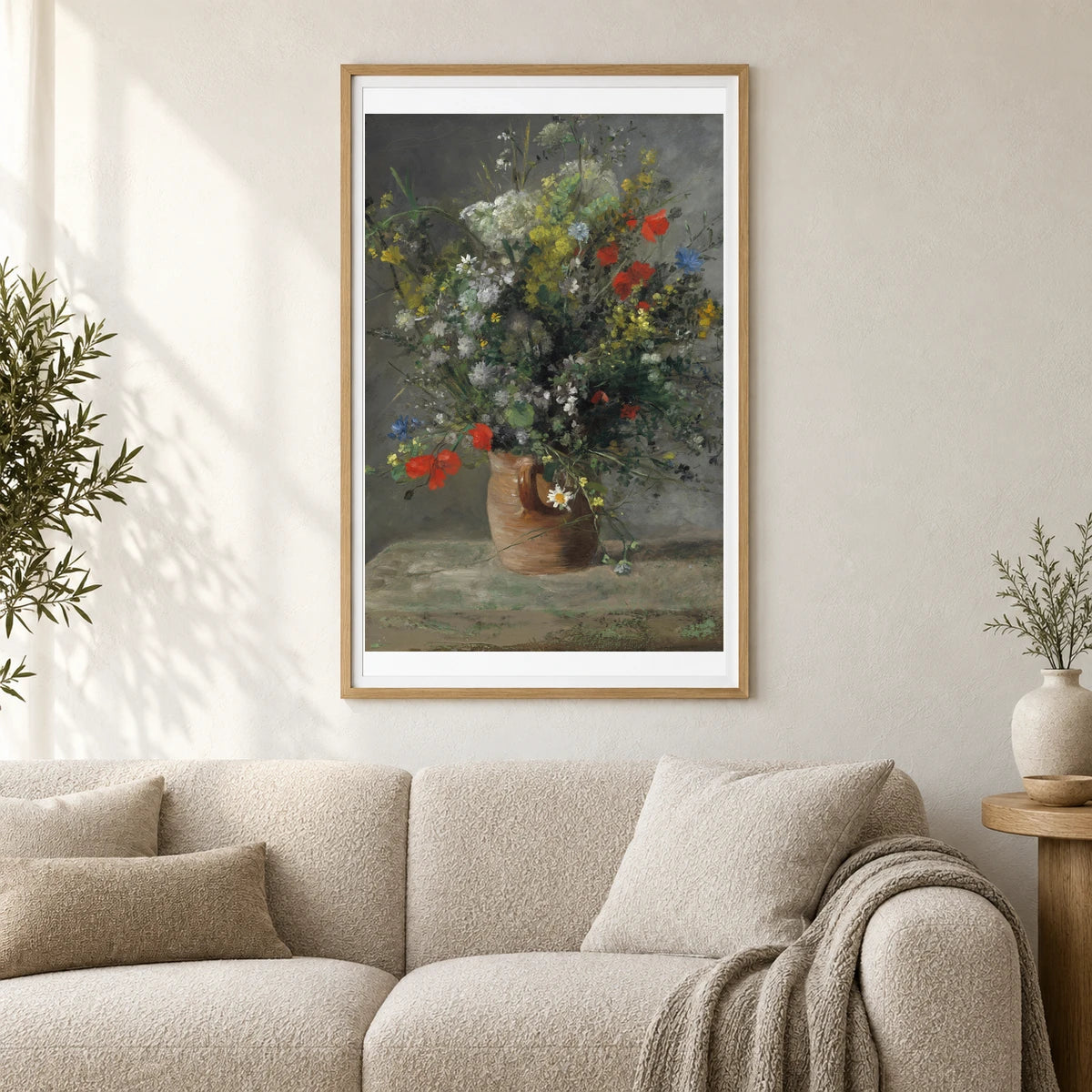 Flowers In A Vase (c. 1866) — Pierre-Auguste Renoir shown in a styled interior