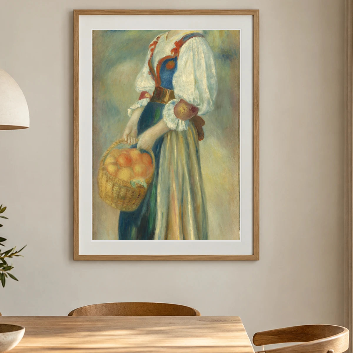 Girl With A Basket Of Oranges (c. 1889) — Pierre-Auguste Renoir shown in a styled interior