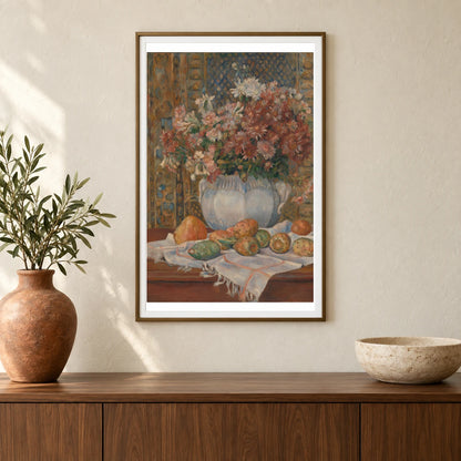 Still Life With Flowers And Prickly Pears (ca. 1885) — Pierre-Auguste Renoir shown in a styled interior