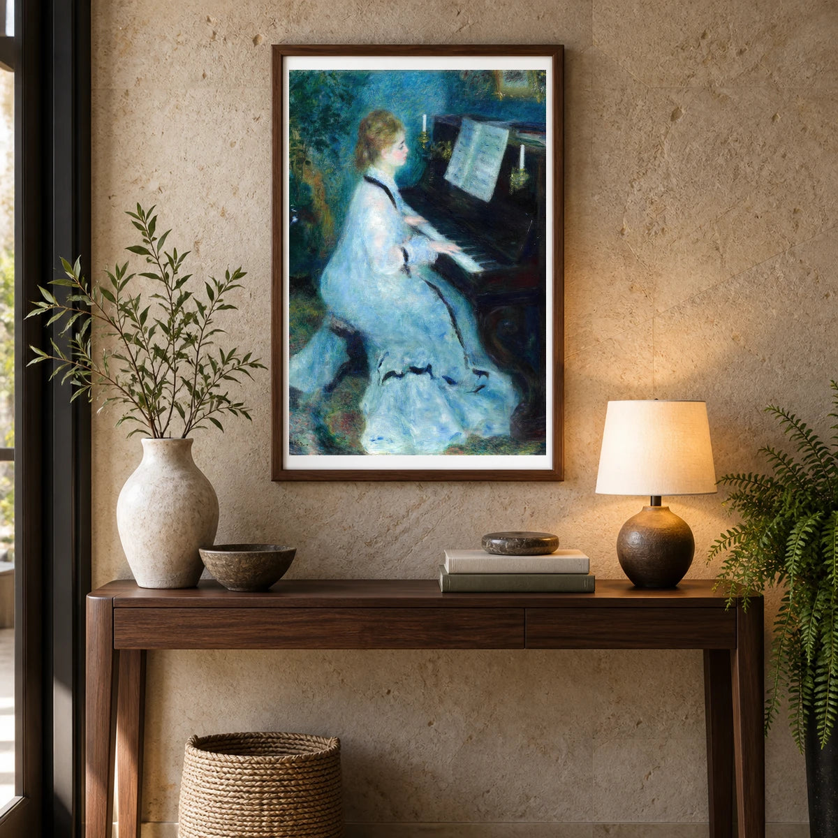 Woman At The Piano — Pierre-Auguste Renoir shown in a styled interior