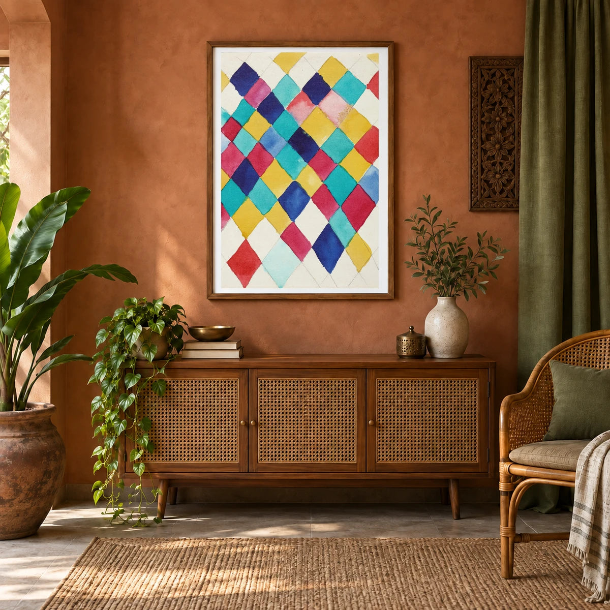Wassily Kandinsky Farbstudie Mit Rauten (1913) — Wassily Kandinsky shown in a styled interior