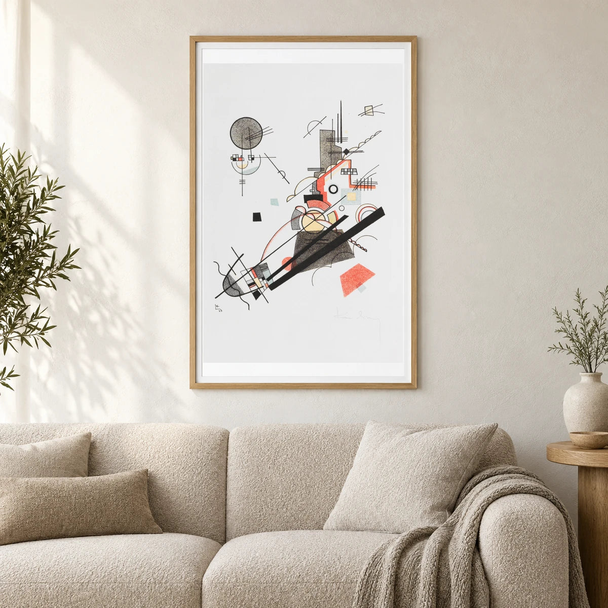 Wassily Kandinsky Fröhlicher Aufstieg (1923) — Wassily Kandinsky shown in a styled interior