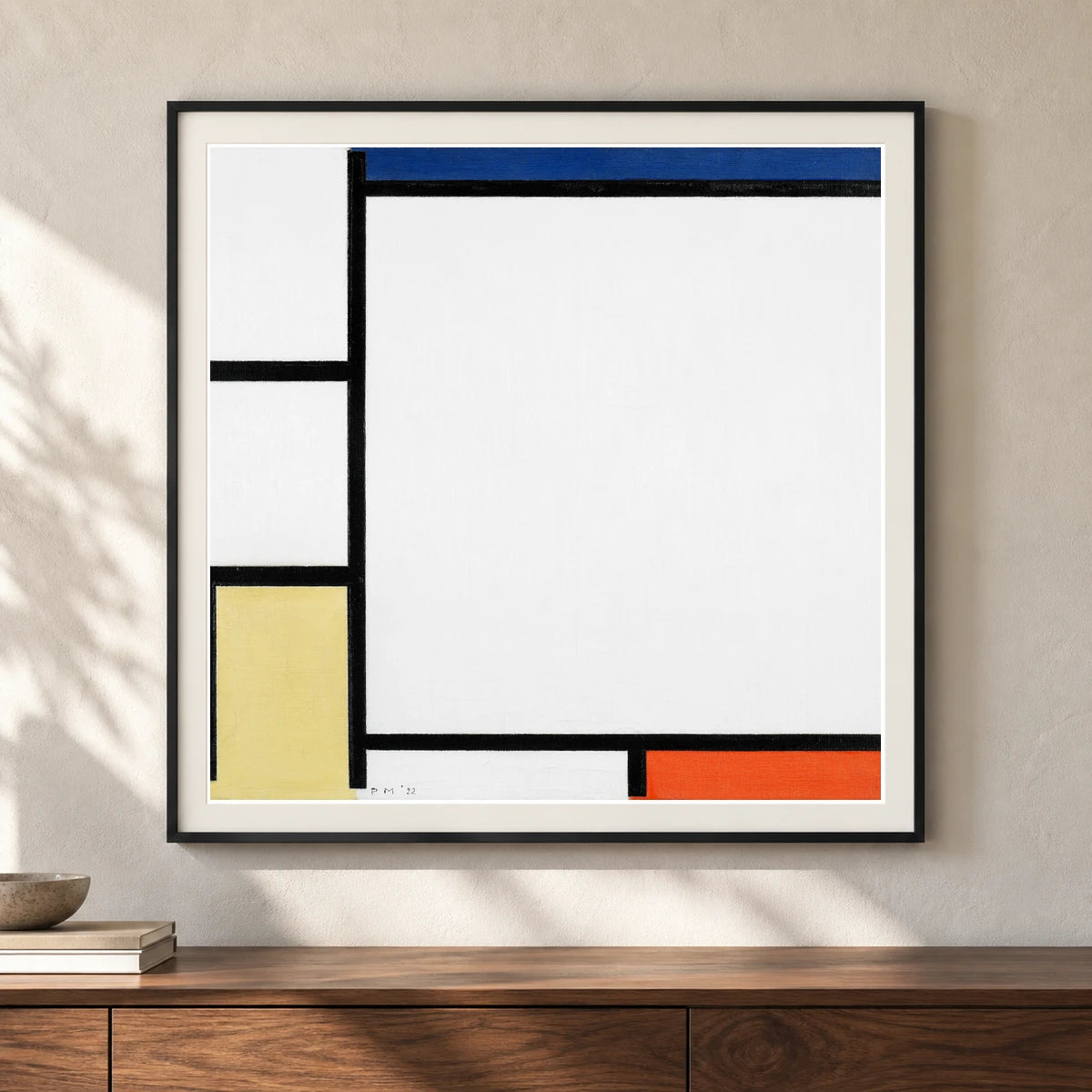 Composition With Blue, Red, Yellow, And Black (1922) Piet Mondrian — Abstract shown in a styled interior
