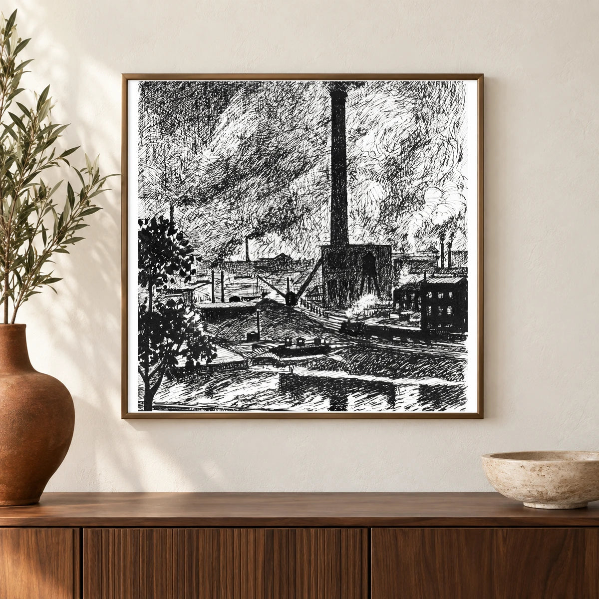 Industrial Scene Henry Lyman Sayen — Abstract shown in a styled interior
