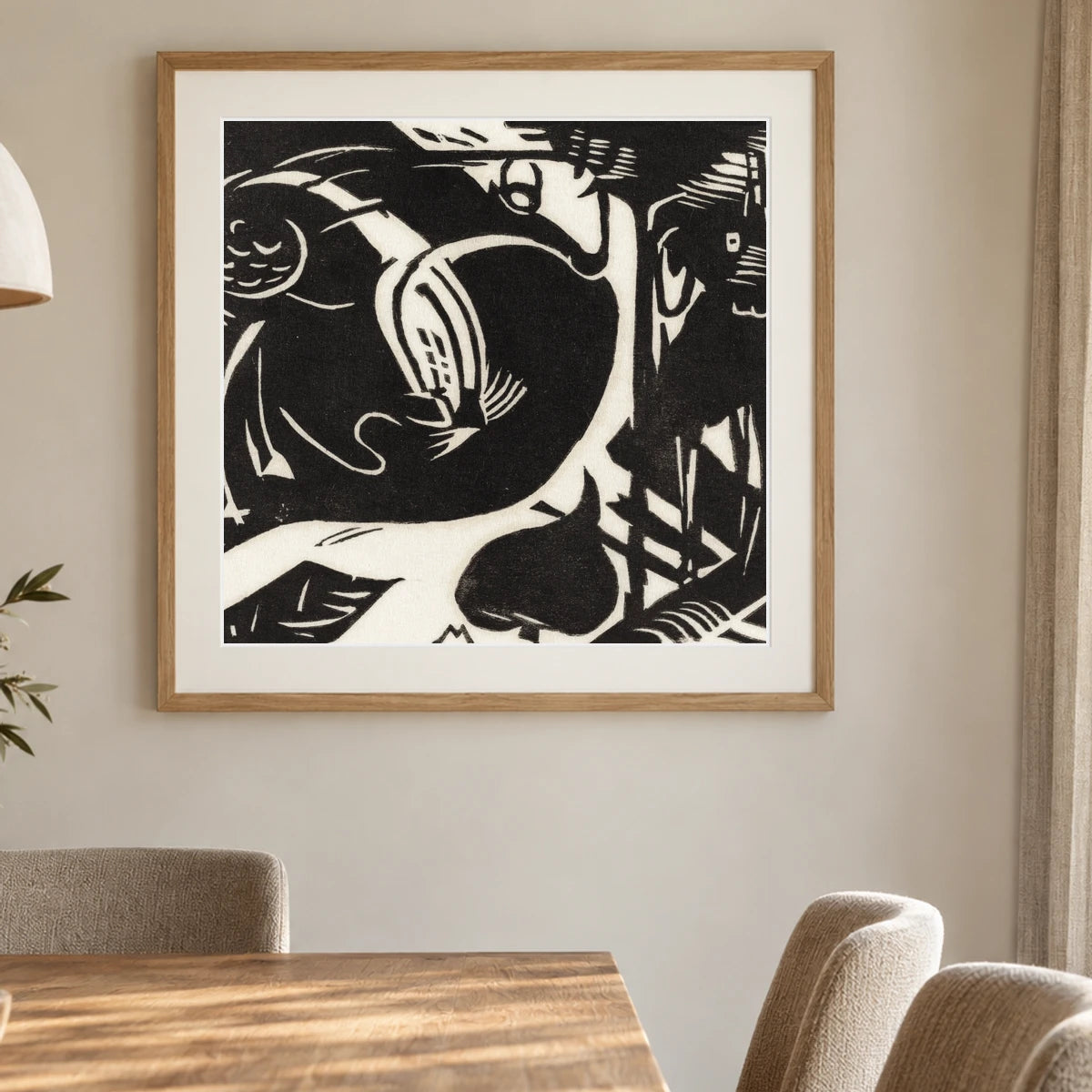 Two Mythical Animals (1914) Franz Marc — Abstract shown in a styled interior