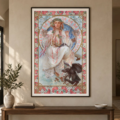 Portrait Of Josephine Crane Bradley As Slavia (1908) — Alphonse Mucha shown in a styled interior