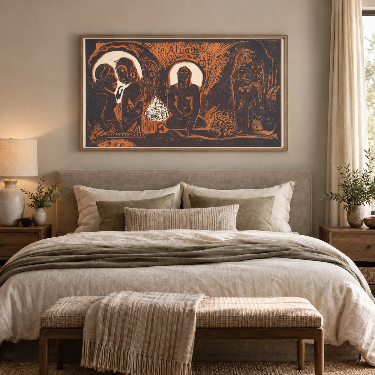 Te Atua (the Gods) (1893–1894) — Paul Gauguin shown in a styled interior