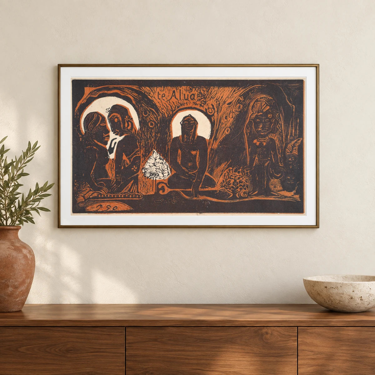 Te Atua (the Gods) (1893–1894) — Paul Gauguin shown in a styled interior