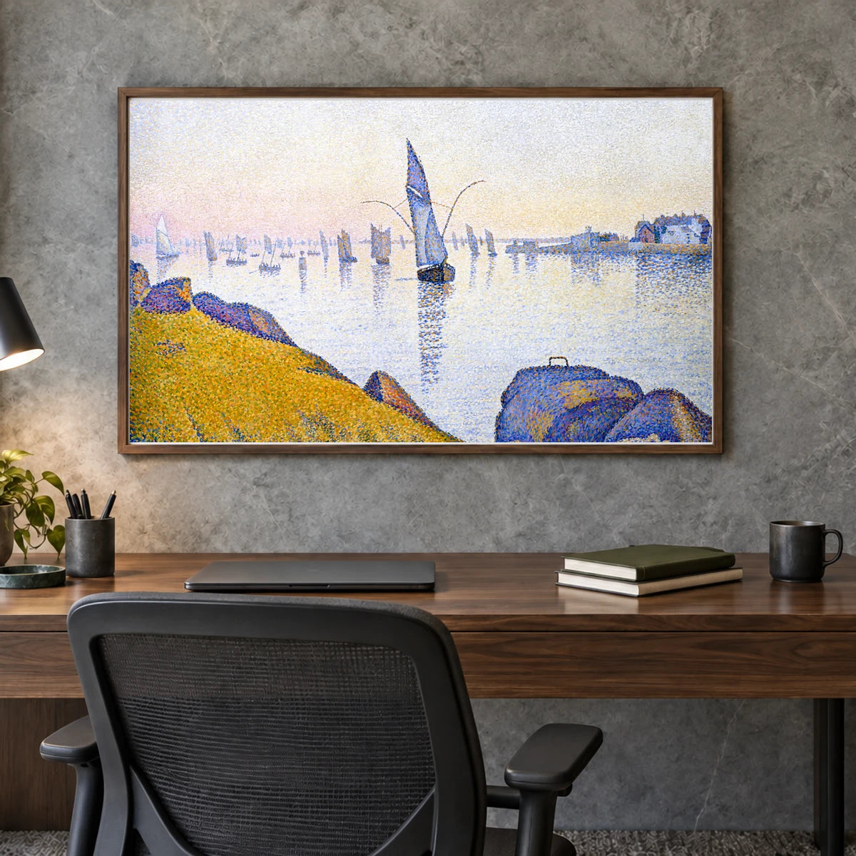 Evening Calm, Concarneau, Opus 220 (allegro Maestoso) (1891) Paul Signac — Neo-Impressionism shown in a styled interior
