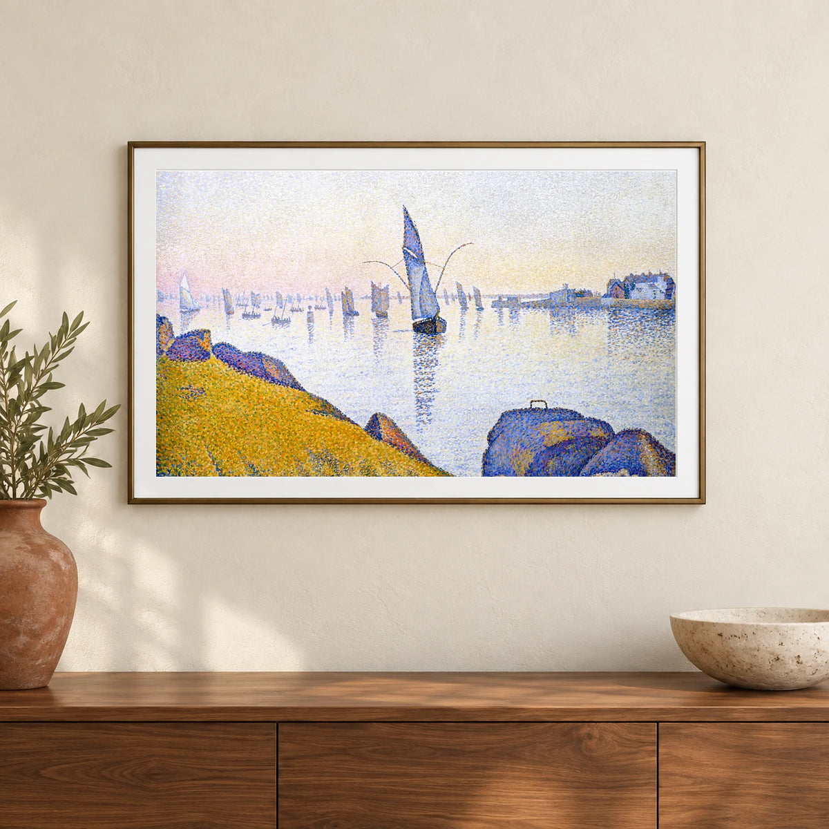 Evening Calm, Concarneau, Opus 220 (allegro Maestoso) (1891) Paul Signac — Neo-Impressionism shown in a styled interior