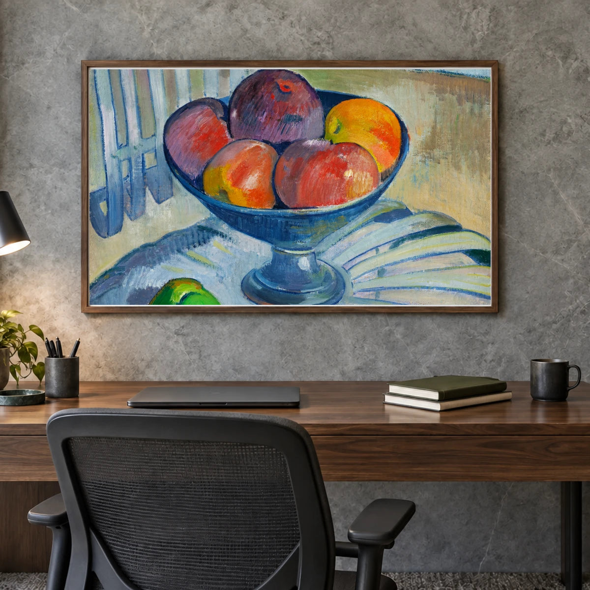 Fruit Dish On A Garden Chair (ca. 1890) By Paul Gauguin — Neo-Impressionism shown in a styled interior