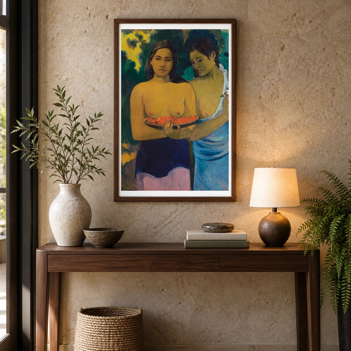 Two Tahitian Women (1899) By Paul Gauguin — Neo-Impressionism shown in a styled interior