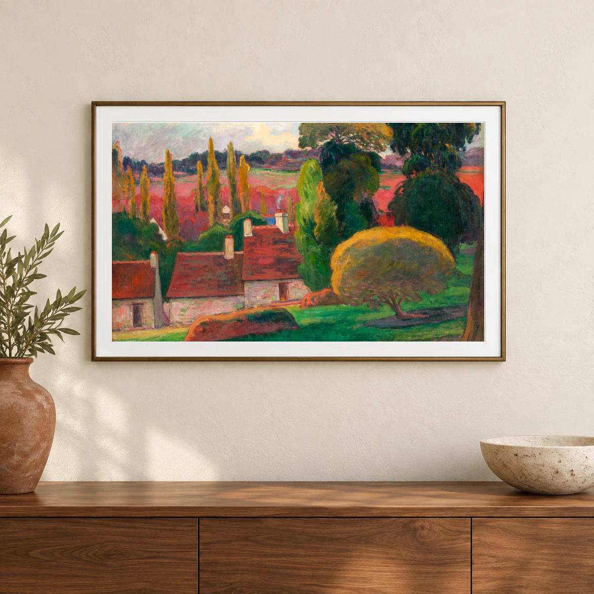 A Farm In Brittany (ca. 1894) By Paul Gauguin — Neo-Impressionism shown in a styled interior
