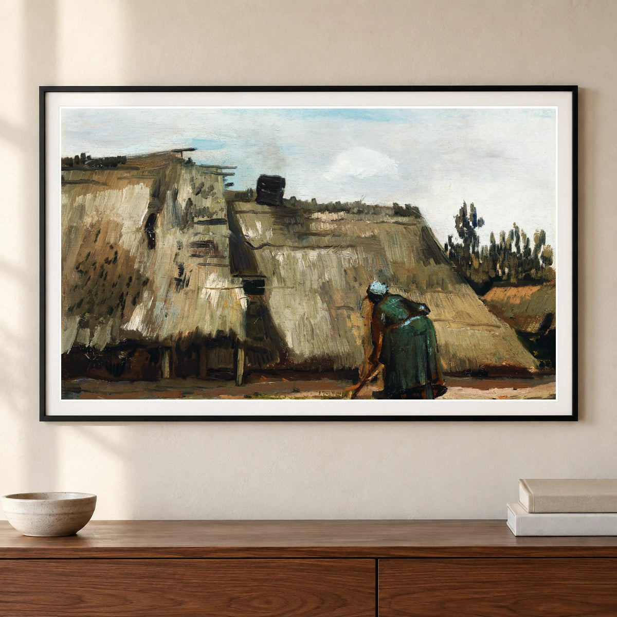 A Peasant Woman Digging In Front Of Her Cottage (c.1885) By Vincent Van Gogh — Neo-Impressionism shown in a styled interior