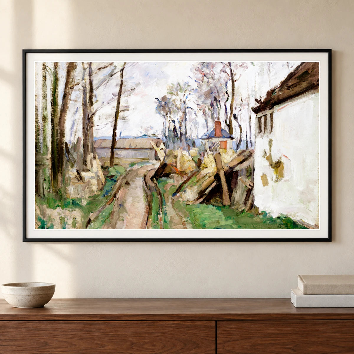 A Village Road Near Auvers (ca. 1872–1873) By Paul Cézanne — Neo-Impressionism shown in a styled interior