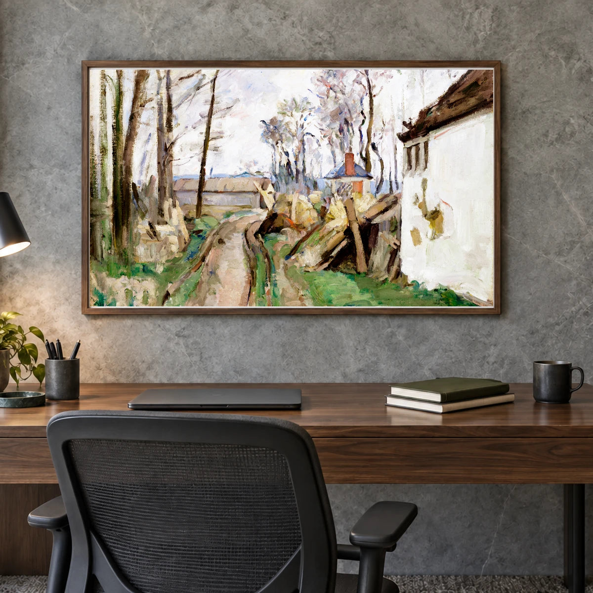 A Village Road Near Auvers (ca. 1872–1873) By Paul Cézanne — Neo-Impressionism shown in a styled interior