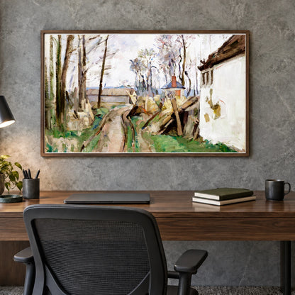 A Village Road Near Auvers (ca. 1872–1873) By Paul Cézanne — Neo-Impressionism shown in a styled interior