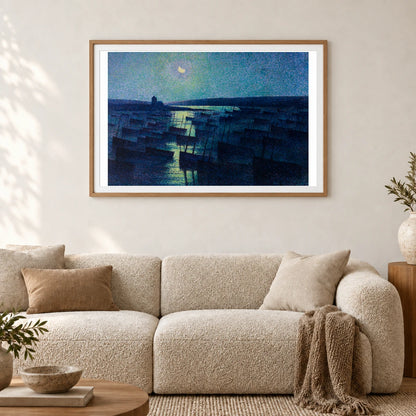Camaret, Moonlight And Fishing Boats (1894) Maximilien Luce — Neo-Impressionism shown in a styled interior