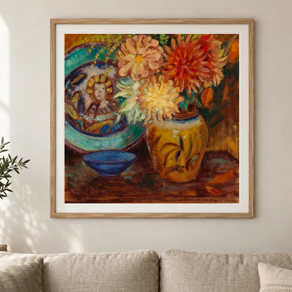 Chrysanthemums, 1927, By Alfred William Finch — Neo-Impressionism shown in a styled interior