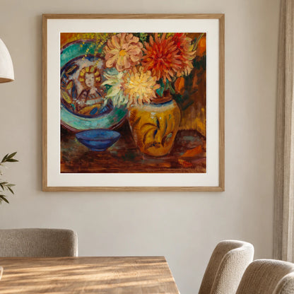 Chrysanthemums, 1927, By Alfred William Finch — Neo-Impressionism shown in a styled interior