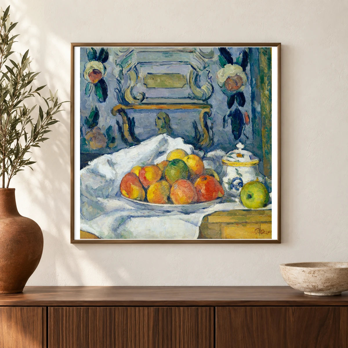 Dish Of Apples (ca. 1876–1877) By Paul Cézanne — Neo-Impressionism shown in a styled interior