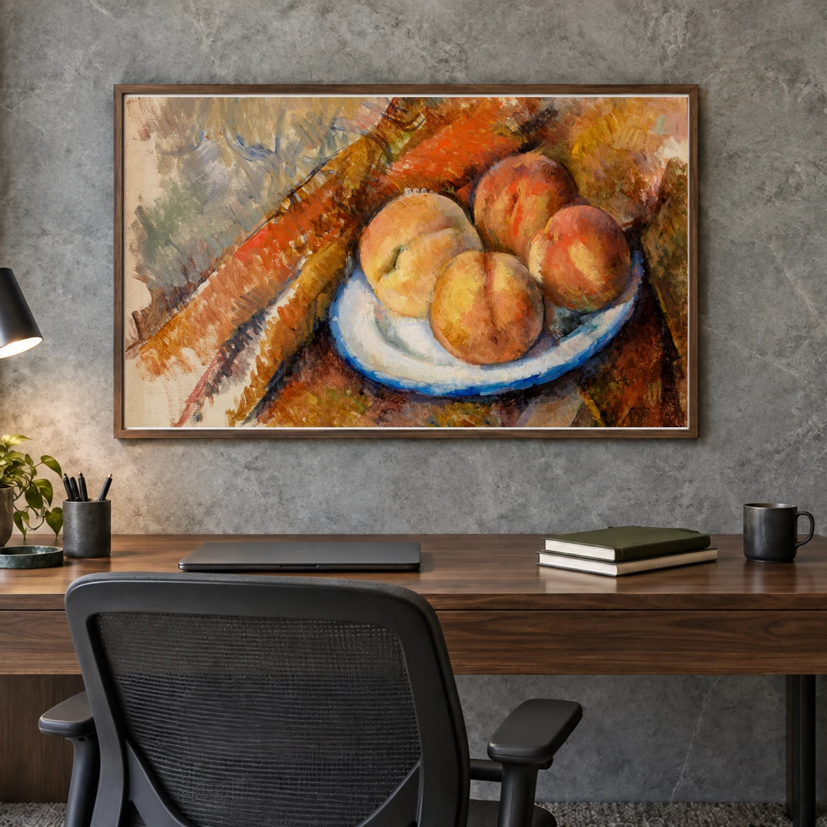 Four Peaches On A Plate (quatre Pêches Sur Une Assiette) (ca.1890–1894) By Paul Cézanne — Neo-Impressionism shown in a styled interior
