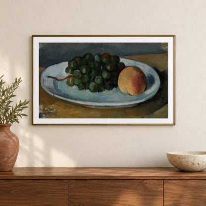 Grapes And Peach On A Plate (grappe De Raisin Et Pêche Sur Une Assiette) By Paul Cézanne — Neo-Impressionism shown in a styled interior