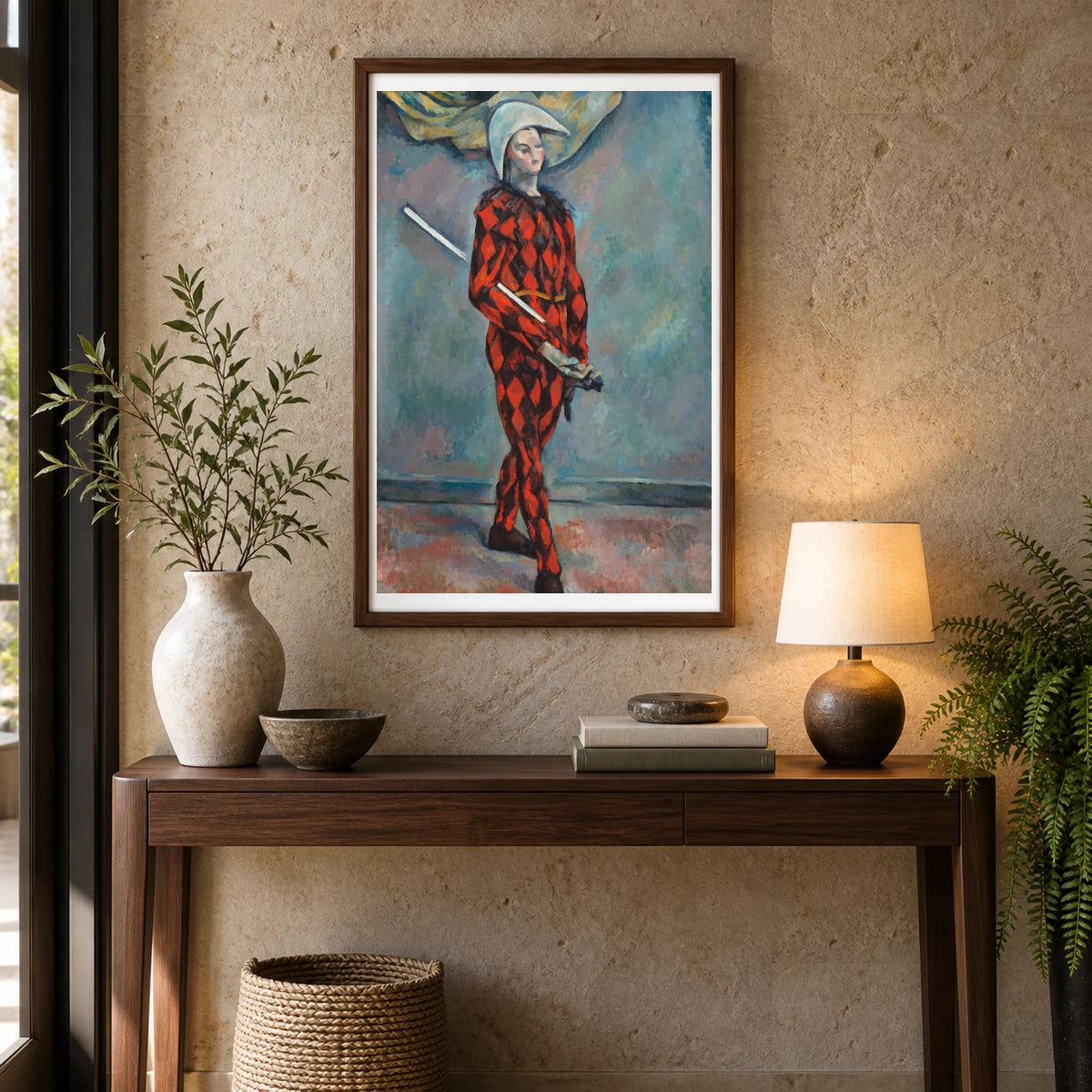 Harlequin (ca. 1888–1890) By Paul Cézanne — Neo-Impressionism shown in a styled interior