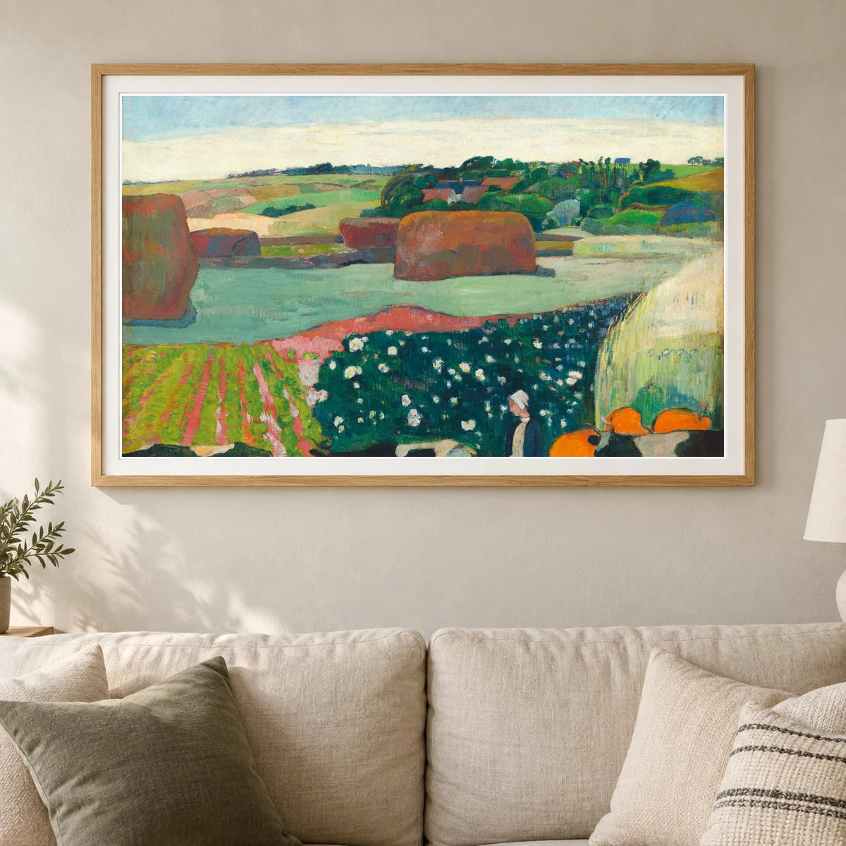 Haystacks In Brittany (1890) By Paul Gauguin — Neo-Impressionism shown in a styled interior