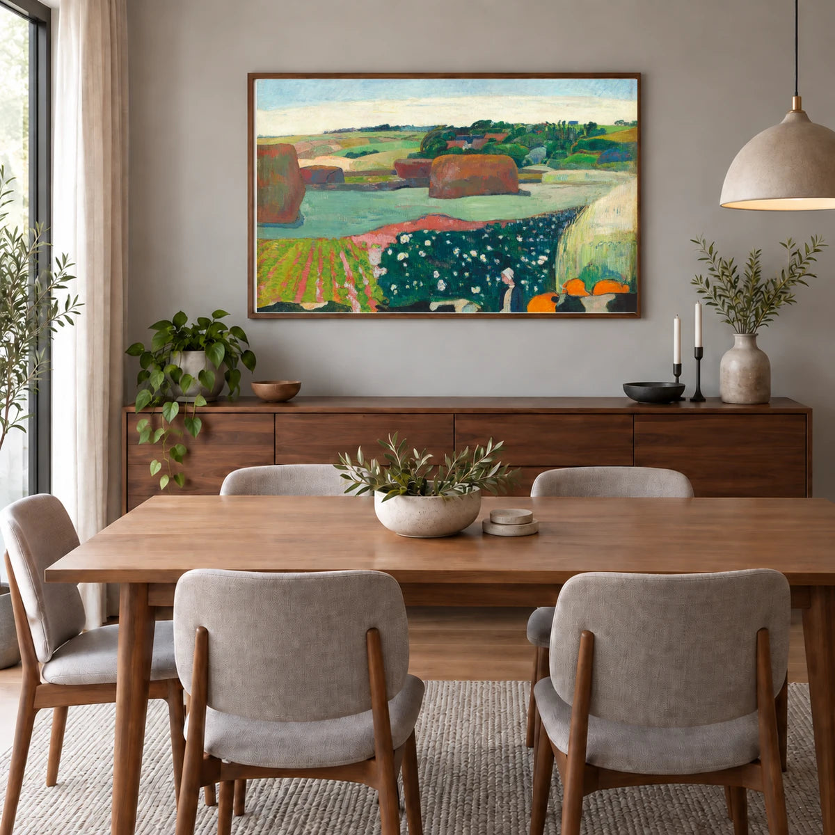 Haystacks In Brittany (1890) By Paul Gauguin — Neo-Impressionism shown in a styled interior