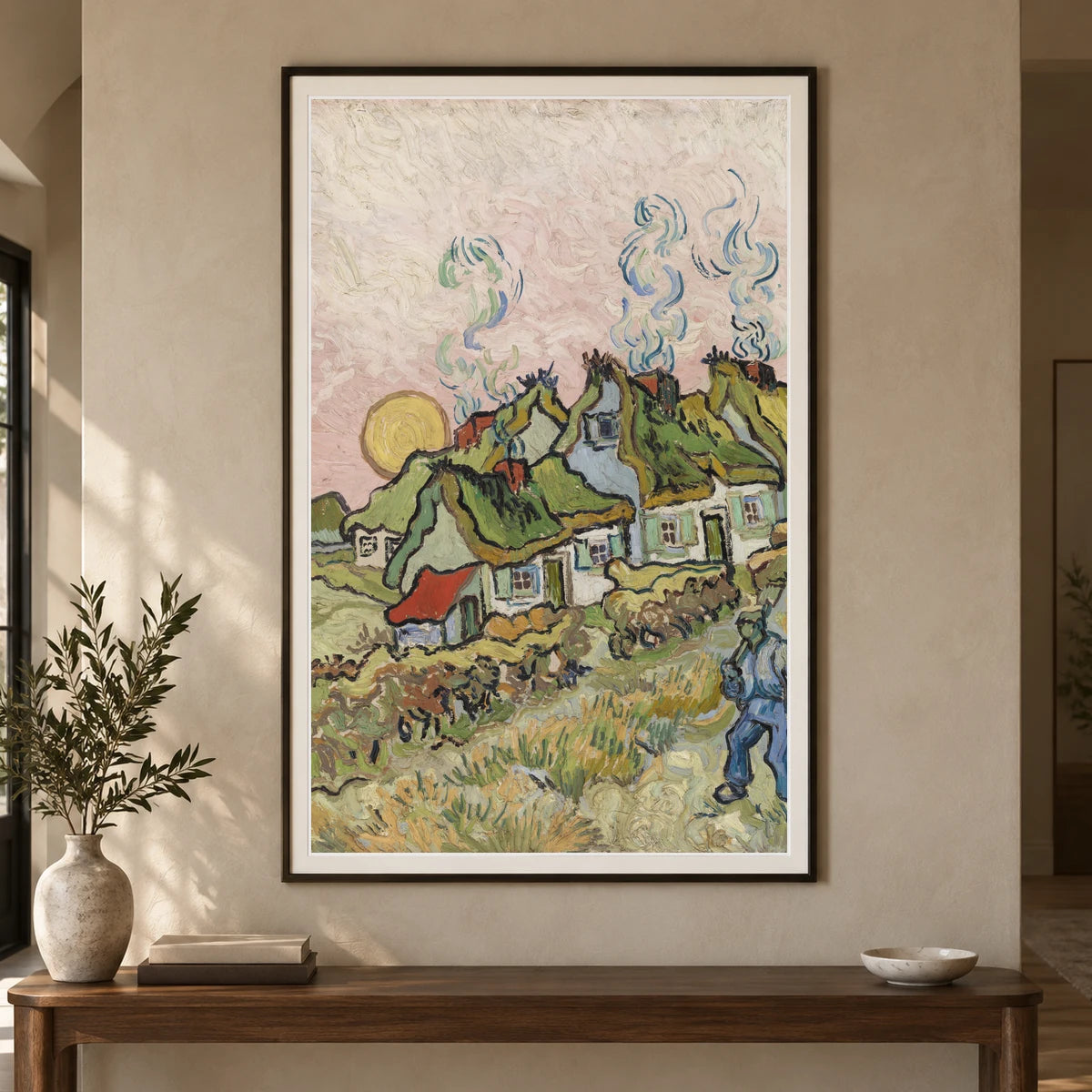 Houses And Figure By Vincent Van Gogh — Neo-Impressionism shown in a styled interior