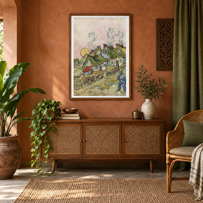 Houses And Figure By Vincent Van Gogh — Neo-Impressionism shown in a styled interior