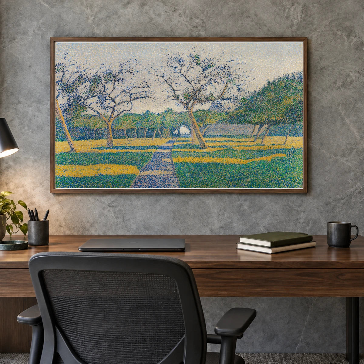 Orchard At La Louvière, 1890, By Alfred William Finch — Neo-Impressionism shown in a styled interior