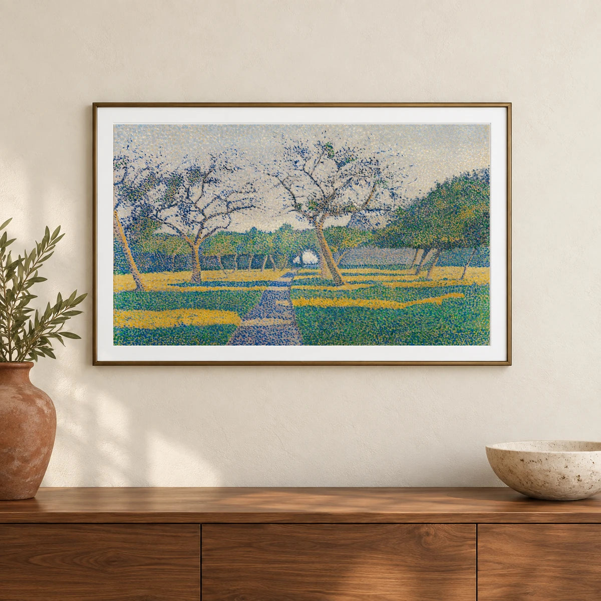 Orchard At La Louvière, 1890, By Alfred William Finch — Neo-Impressionism shown in a styled interior