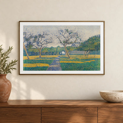 Orchard At La Louvière, 1890, By Alfred William Finch — Neo-Impressionism shown in a styled interior