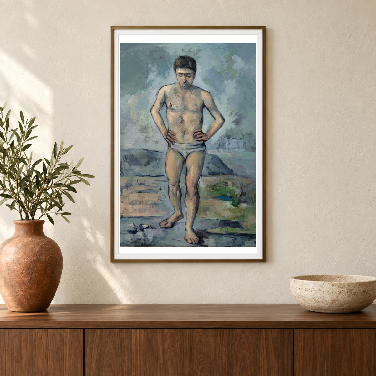 Paul Cézanne S The Bather (1885) Famous Painting — Neo-Impressionism shown in a styled interior