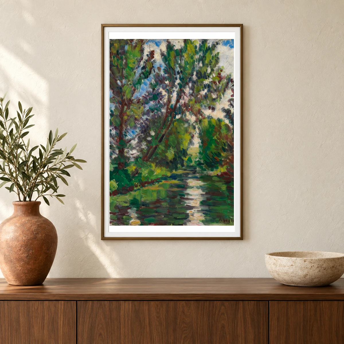 River Landscape, By Alfred William Finch — Neo-Impressionism shown in a styled interior