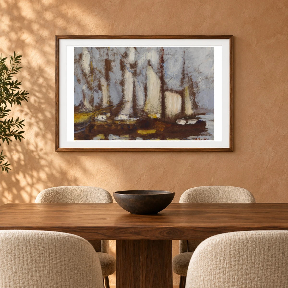 Sailing Vessels, 1929, By Alfred William Finch — Neo-Impressionism shown in a styled interior