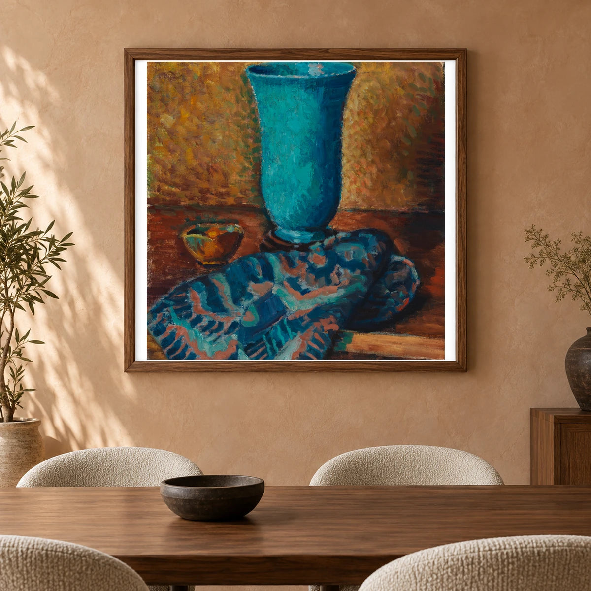 Sininen Maljakko, 1928, By Alfred William Finch — Neo-Impressionism shown in a styled interior