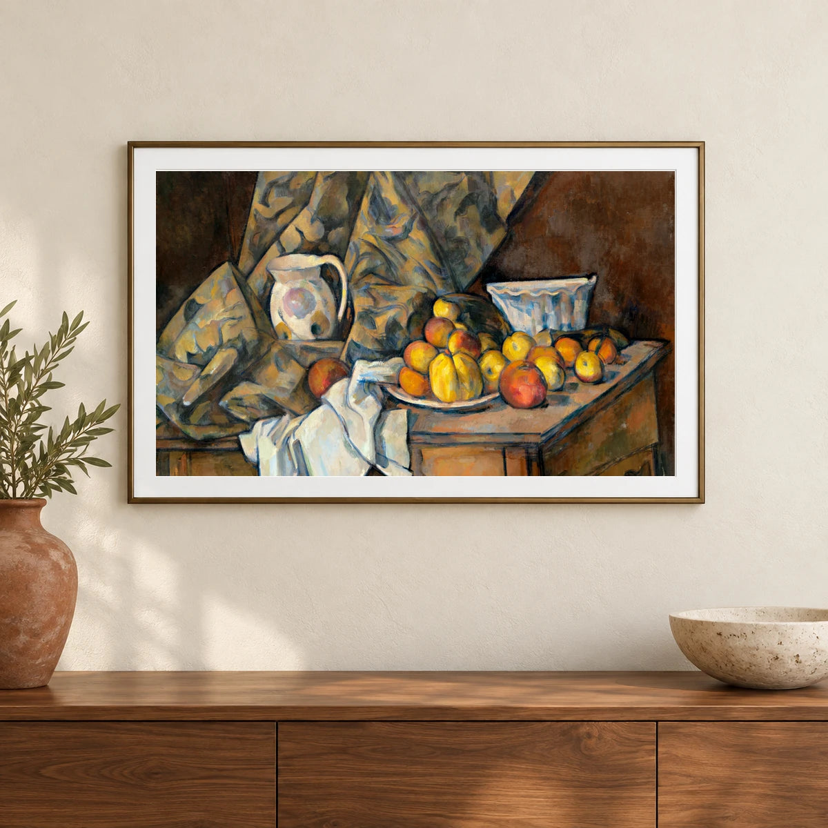 Still Life With Apples And Peaches (ca. 1905) By Paul Cézanne — Neo-Impressionism shown in a styled interior