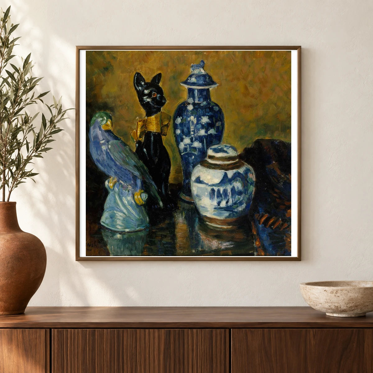 Still Life With Blue Figurines, By Alfred William Finch — Neo-Impressionism shown in a styled interior