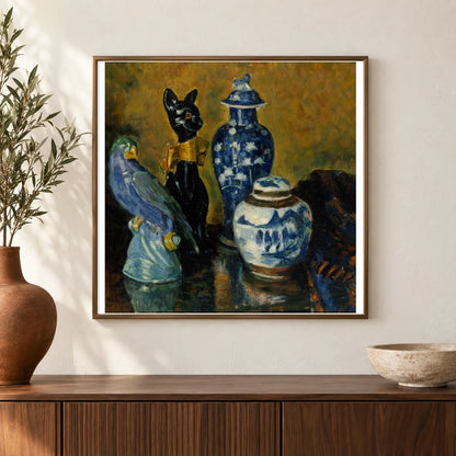 Still Life With Blue Figurines, By Alfred William Finch — Neo-Impressionism shown in a styled interior