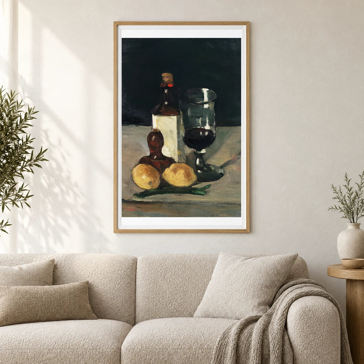 Still Life With Bottle, Glass, And Lemons (ca. 1867–1869) By Paul Cézanne — Neo-Impressionism shown in a styled interior
