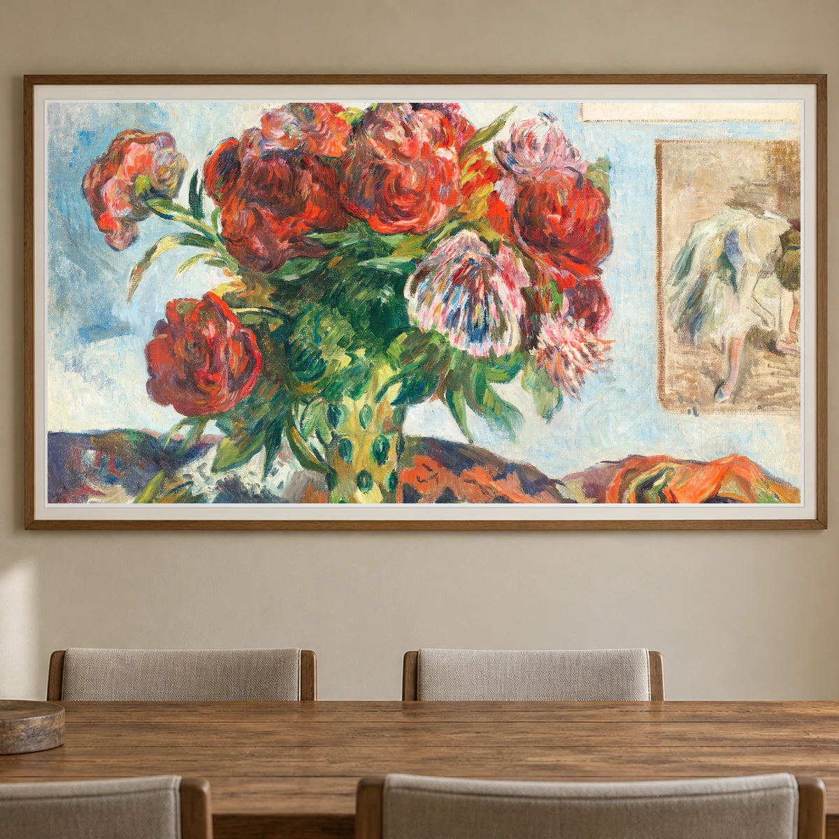 Still Life With Peonies (1884) By Paul Gauguin — Neo-Impressionism shown in a styled interior