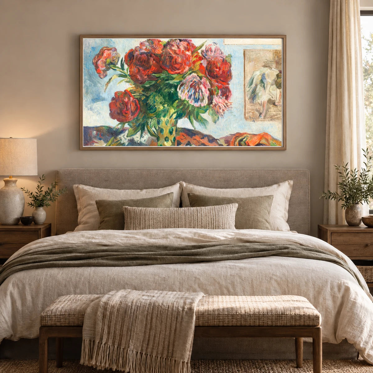 Still Life With Peonies (1884) By Paul Gauguin — Neo-Impressionism shown in a styled interior