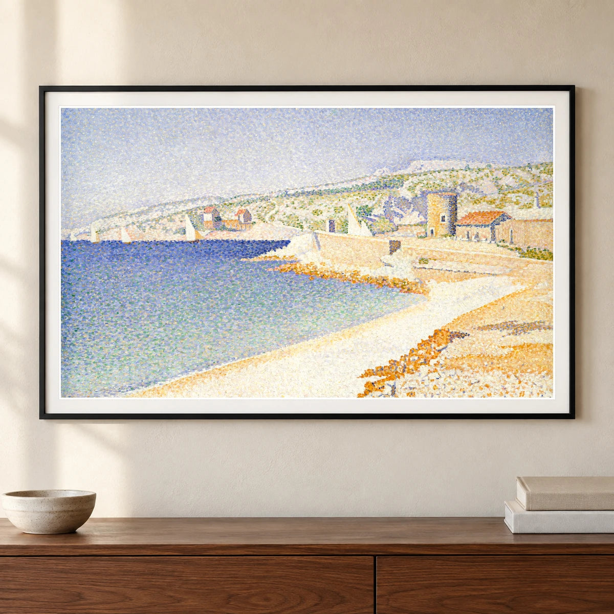 The Jetty At Cassis, Opus 198 (1889) Paul Signac — Neo-Impressionism shown in a styled interior