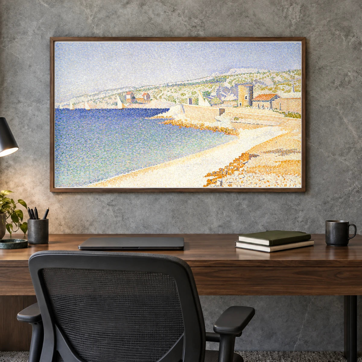 The Jetty At Cassis, Opus 198 (1889) Paul Signac — Neo-Impressionism shown in a styled interior