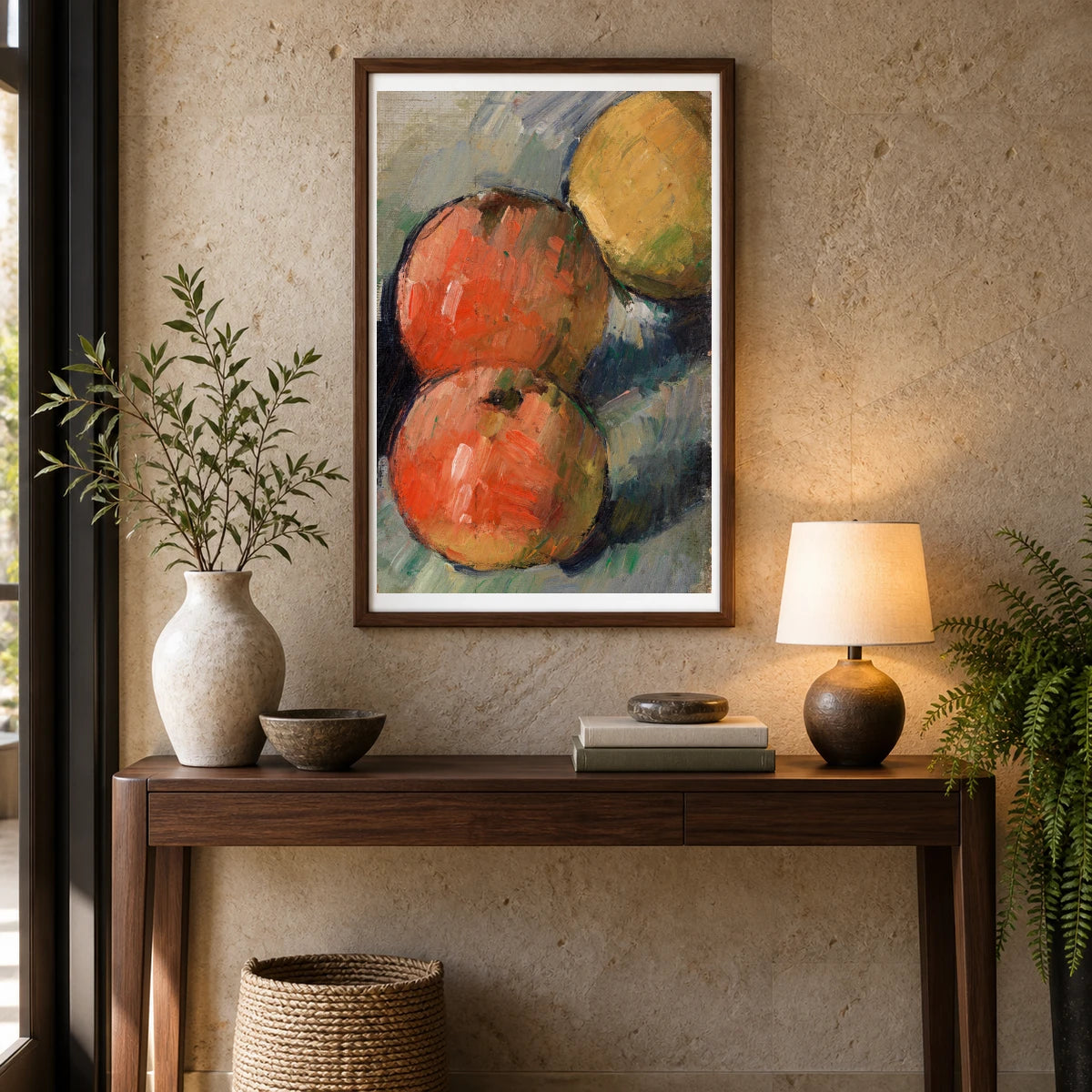 Three Apples (deux Pommes Et Demie) (ca. 1878–1879) By Paul Cézanne — Neo-Impressionism shown in a styled interior