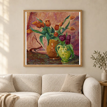 Two Vases With Tulips, 1915, By Alfred William Finch — Neo-Impressionism shown in a styled interior